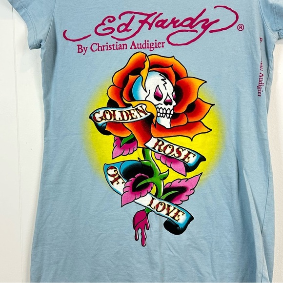 Vintage Y2K Ed Hardy Christian Audigier Golden Rose of Love Babydoll Tee Shirt S - Picture 2 of 11